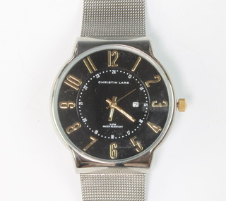 A gentleman's steel cased Christin Lars calendar wristwatch on a mesh bracelet, boxed