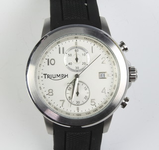A gentleman's steel cased Triumph calendar wristwatch with 2 subsidiary dials on a rubber strap, boxed