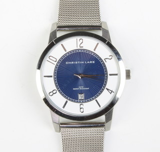 A gentleman's steel cased Christin Lars calendar wristwatch with mesh bracelet, boxed 