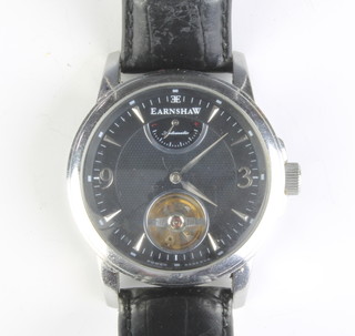 A gentleman's Earnshaw steel cased automatic wristwatch with visible movement on a leather strap, boxed 