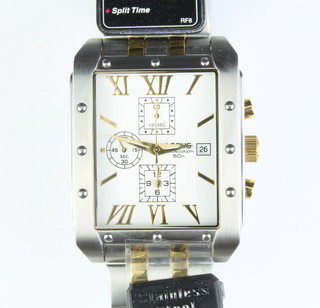 A gentleman's steel cased Lorus 'tank' style wristwatch with 3 subsidiary dials and calendar in a bi-metallic bracelet, boxed 