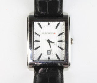 A gentleman's steel cased Swiss Master calendar wristwatch on a leather bracelet, boxed