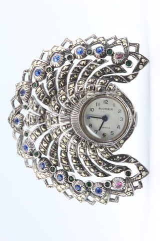 A vintage silver Boucherer 800 standard paste set brooch watch 