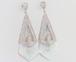 A pair of Art Deco style silver and opalite kite shaped earrings