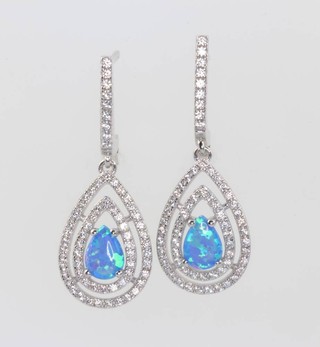 A pair of silver, blue opalite and cubic zirconia set drop   earrings