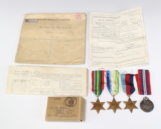 A Royal Fleet Reserve Long Service and Good Conduct Medal, 1939-45, Italy and Pacific Star to C H,X,248 (B.3579) W.Greer, A/SGT.R.F.R. together with original posting box, War medal ribbon, certificate of discharge and the certificate of the service of William Greer in The Royal Marines and a photocopy of As Mentioned in a Dispatch for Distinguished Service  
