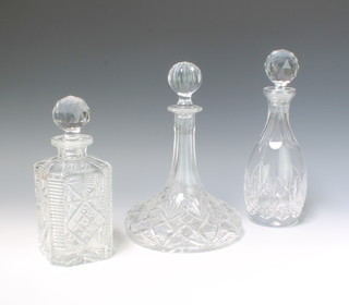 A square spirit decanter 24cm, a ships decanter and a mallet decanter