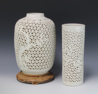 A modern Chinese reticulated baluster vase decorated with flowering peony 32cm, a cylindrical do. 31cm 