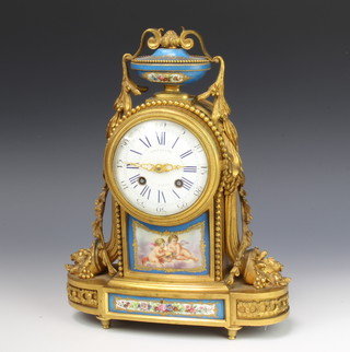 Raingo Paris, a 19th Century French striking on bell mantel clock contained in a gilt ormolu and "Sevres" porcelain mounted case, the enamelled dial with Roman numerals and signed Raingo Paris as is the back plate 