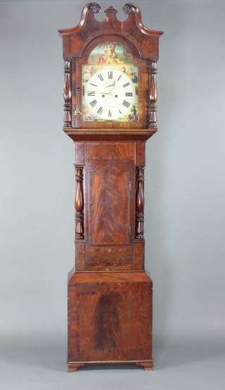 James Briscall of Birmingham, an 18th Century 8 day longcase clock, the 35cm arched dial painted spandrels with figures of Continents, having a subsidiary second hand and calendar aperture contained in a mahogany case, raised on bracket feet 236cm h complete with weights and pendulum