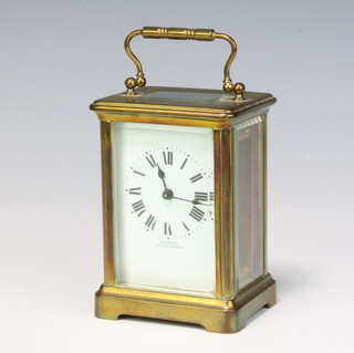 A 19th Century French 8 day carriage timepiece with enamelled dial and Roman numerals contained in a gilt metal case, the dial marked Emanuel Southampton 