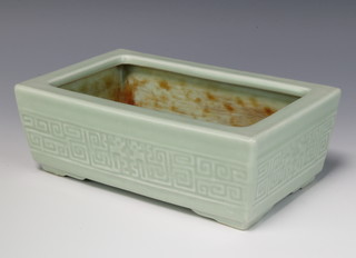 A Chinese Celadon rectangular jardiniere with geometric decoration and impressed mark 23.5cm 
