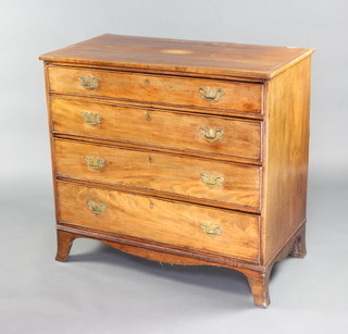 A Georgian bleached inlaid mahogany chest, the top crossbanded with satinwood stringing and inlaid a shell, fitted 4 long drawers with replacement brass swan neck drop handles, raised on bracket feet 94cm h x 101cm w x 54cm d  
