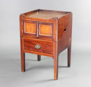 A George III inlaid mahogany tray top commode with crossbanding and satinwood stringing, fitted a cupboard, complete with china liner, raised on square supports 80cm h x 52cm w x 48cm d 