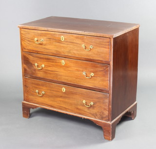 A 19th Century mahogany chest of 3 long drawers with brass escutcheons and replacement swan neck drop handles, raised on bracket feet 78cm h x 82cm w x 46cm d
