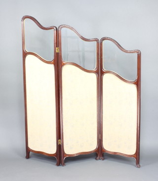 An Edwardian mahogany and glazed 3 fold draft screen with William Morris style fabric panels 166cm x 48cm when closed x 143cm when open 