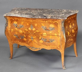 A French Kingwood commode of serpentine outline and bombe form with brown veined marble top and gilt metal mounts, fitted 2 long drawers  84cm h x 122cm w x 56cm d 
