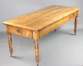 A 19th Century rectangular French fruitwood refectory dining table with plank top fitted 3 drawers, raised on turned supports  78cm h x 200cm w x 84cm d 
 