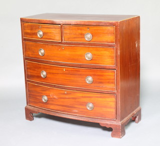 A 19th Century mahogany bow front chest of 2 short and 3 long drawers with brass escutcheons and ring drop handles, raised on bracket feet 92cm h x 92cm w x 45cm