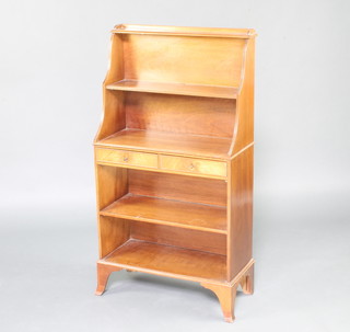 A Georgian style bleached mahogany waterfall bookcase, fitted 2 shelves above 2 long drawers above 2 shelves 116cm h x 63cm w x 28cm d 