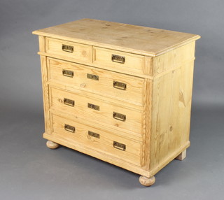 A 19th Century Art Nouveau French pine chest of 2 short and 3 long drawers raised on bun feet 89cm h x 97cm w x 54cm d 