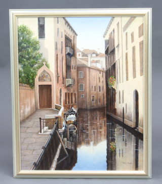 Pat Foad, SBA, oil on board 'Venetian Canal with Gondolas' 50cm h x 40cm w