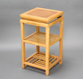 A Chinese light Padauk 3 tier jardiniere stand 70cm h x 38cm x 38cm d (2 sections of apron missing) 