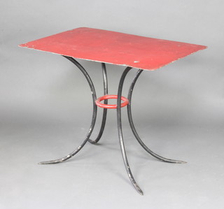 A 1960's style rectangular pressed and painted metal cafe table, raised on outswept supports 72cm h x 91cm w x 60cm d 