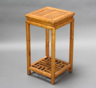 A square light wood Chinese Padauk jardiniere stand raised on tapered supports and pierced undertier 73cm h x 37cm w x 38cm d (16cm split to the top) together with a do. 3  tier square jardiniere stand with fretted base 75cm h x 40cm w x 39cm d (29 cm split to the top) 