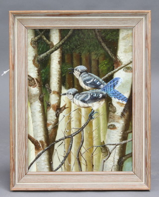 Russian school, oil on board, study of two jays amidst branches 40cm x 29cm