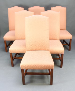 A set of 6 Georgian style mahogany framed dining chairs with backs upholstered in pink material