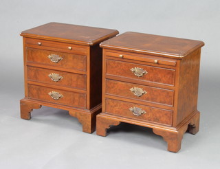 A pair of Queen Anne style walnut bedside chests with quarter veneered and crossbanded tops, fitted brushing slides above 3 long drawers, raised on bracket feet 49cm h x 44cm w x  33cm  d
