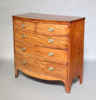 A Georgian mahogany  bow front chest of 2 short and 3 long drawers with brass plate drop handles, raised on bracket feet 102cm h x 104cm w x 52cm d 
