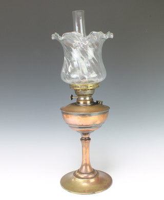 A copper oil lamp with rippled glass shade and clear glass chimney 60cm h x 20cm 