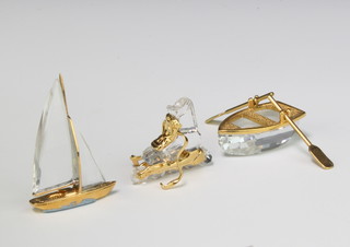 Three Swarovski Crystal classics - sailing boat 4.5cm, roller boot 3.5cm and paddle boat 4cm, boxed