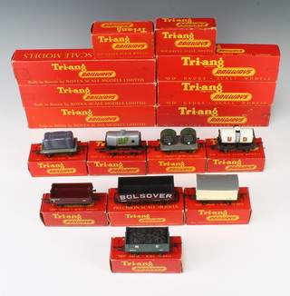 A collection of Triang rolling stock including 2 R12 tank wagons, an R13 coal truck, a R113 goods wagon, an R19 tarpaulin load wagon, an R14 fish van, an R16 break van, an R210 oil tank, 2 other items of rolling stock and 6 coaches, all boxed 
