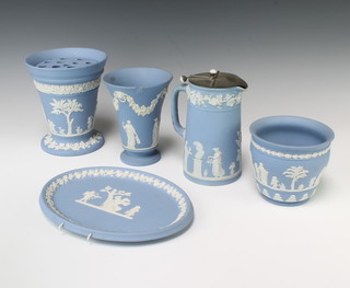 A Wedgwood blue Jasper oval tray decorated with classical figures 26cm, 3 do. vases and a lidded jug 