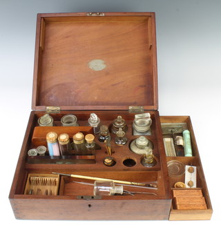 A 19th Century rectangular mahogany microscope accessory box containing glass bottles, slides, bunsen burner, etc 