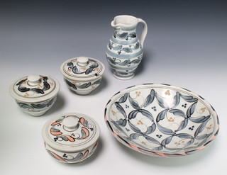 A pottery jug with stylised leaf decoration 21cm, a do. bowl, pot and cover and 2 boxes and covers by Mohammed Hamid member of the Sussex Guild of Craftsman 