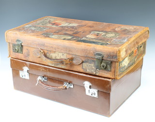 Hardy Brothers Ltd, a fitted leather suit/vanity case, the fall front revealing a fitted interior (no bottles) with chrome mounts 19cm x 60cm x 40cm together with a brown leather suitcase with brass mounts 15cm x 66cm x 39cm with numerous labels including LMS, Euston and various hotels (some scuffing to the case) 