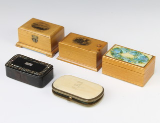 A black lacquered snuff box with mother of pearl inlay, 2 mauchline ware boxes, 1 other box and a gilt and bone finished purse 