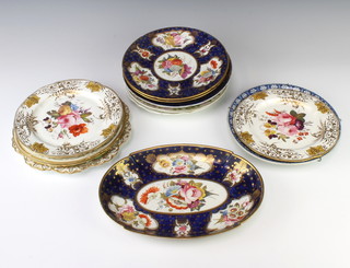 A 19th Century English oval dish, blue ground decorated with panels of flowers  26cm, a pair of do. dessert plates 21cm and 10 other plates