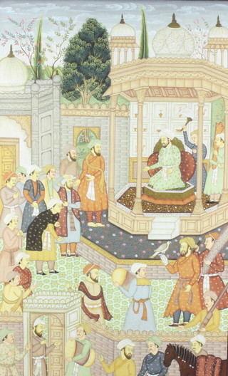 Indian 19th Century watercolour, a nobleman with attendants in a palace setting 65cm x 46cm 