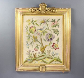 Victorian wool work embroidery, squirrel, deer and bird beneath a tree in a carved gilt wood frame with crest 52cm x 42cm 