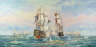 J Harvery, oil on canvas signed, maritime battle 59cm x 120cm 