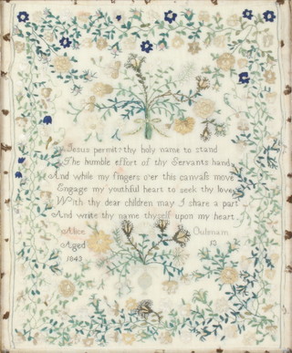 A sampler with religious script enclosed in an extensive floral border by Alice Oulsnan aged 13 1843, contained in a maple walnut frame 43cm x 35cm  