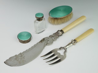 A circular silver guilloche enamel patch box Birmingham 1926, do. hair brush and scent bottle together with a pair of plated fish servers 