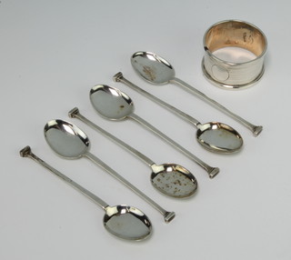 A set of 6 silver coffee spoons Birmingham 1923 and a do. napkin ring 76 grams