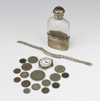 A Victorian silver mounted glass hip flask London 1894 11cm, an identity bracelet and minor coins etc 