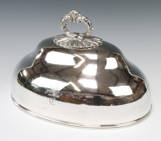 A Victorian oval silver plated meat cover with scroll handle and engraved crest 23cm maker T & J Creswick H 32cm W 20cm D